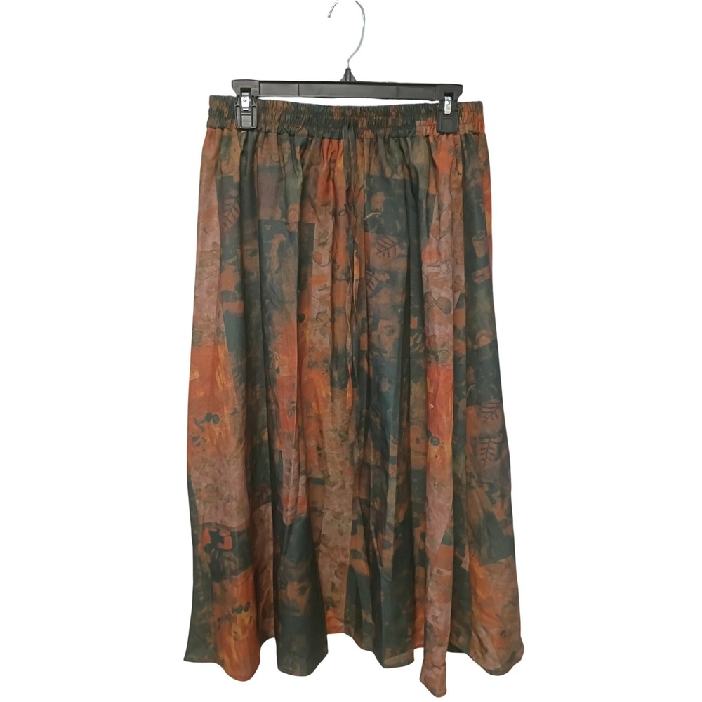Vintage Earth Tone Abstract Batik Print Midi Skirt Elastic Waist Brown Green
